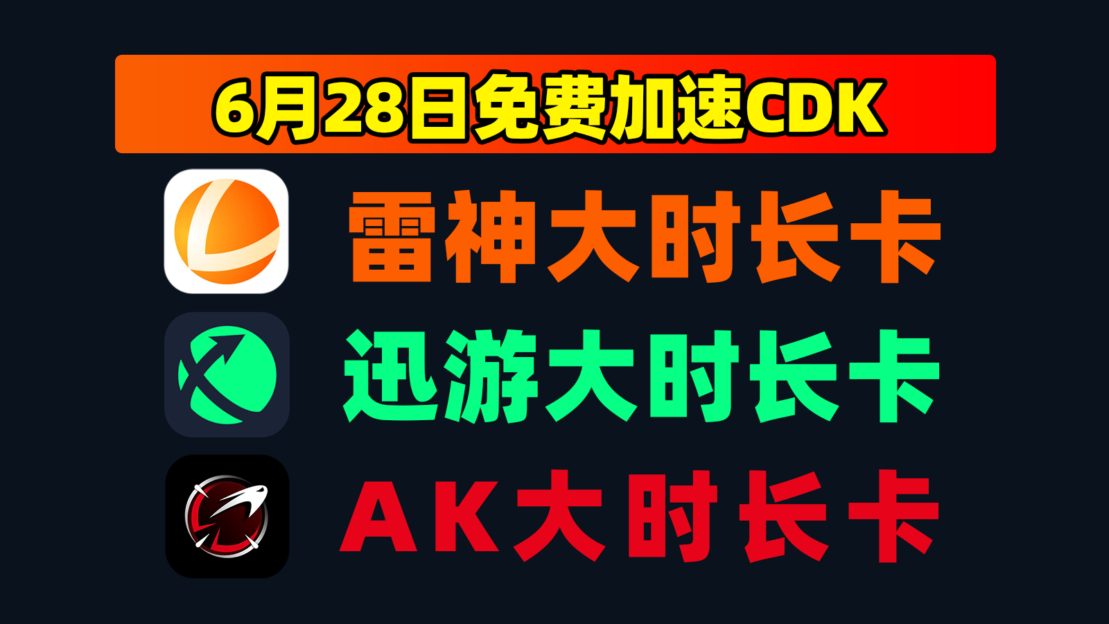 6.28发码雷神加速器口令周卡+迅游体验卡，戳此速取！